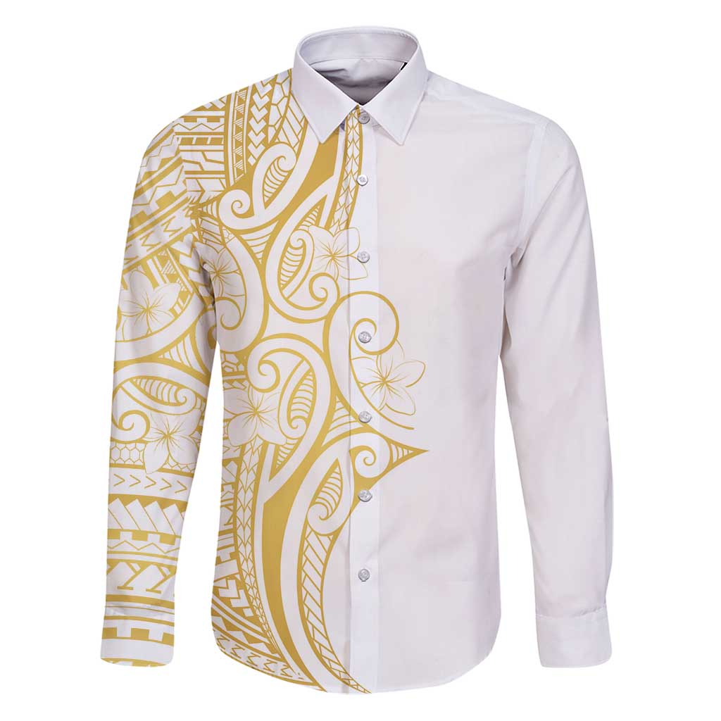Polynesia White Sunday Family Matching Puletasi and Hawaiian Shirt Plumeria Polynesian Tribal Gold Color LT14 Dad's Shirt - Long Sleeve White - Polynesian Pride
