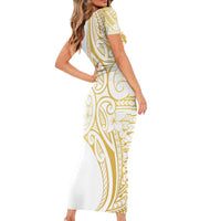Polynesia White Sunday Family Matching Short Sleeve Bodycon Dress and Hawaiian Shirt Plumeria Polynesian Tribal Gold Color - Polynesian Pride