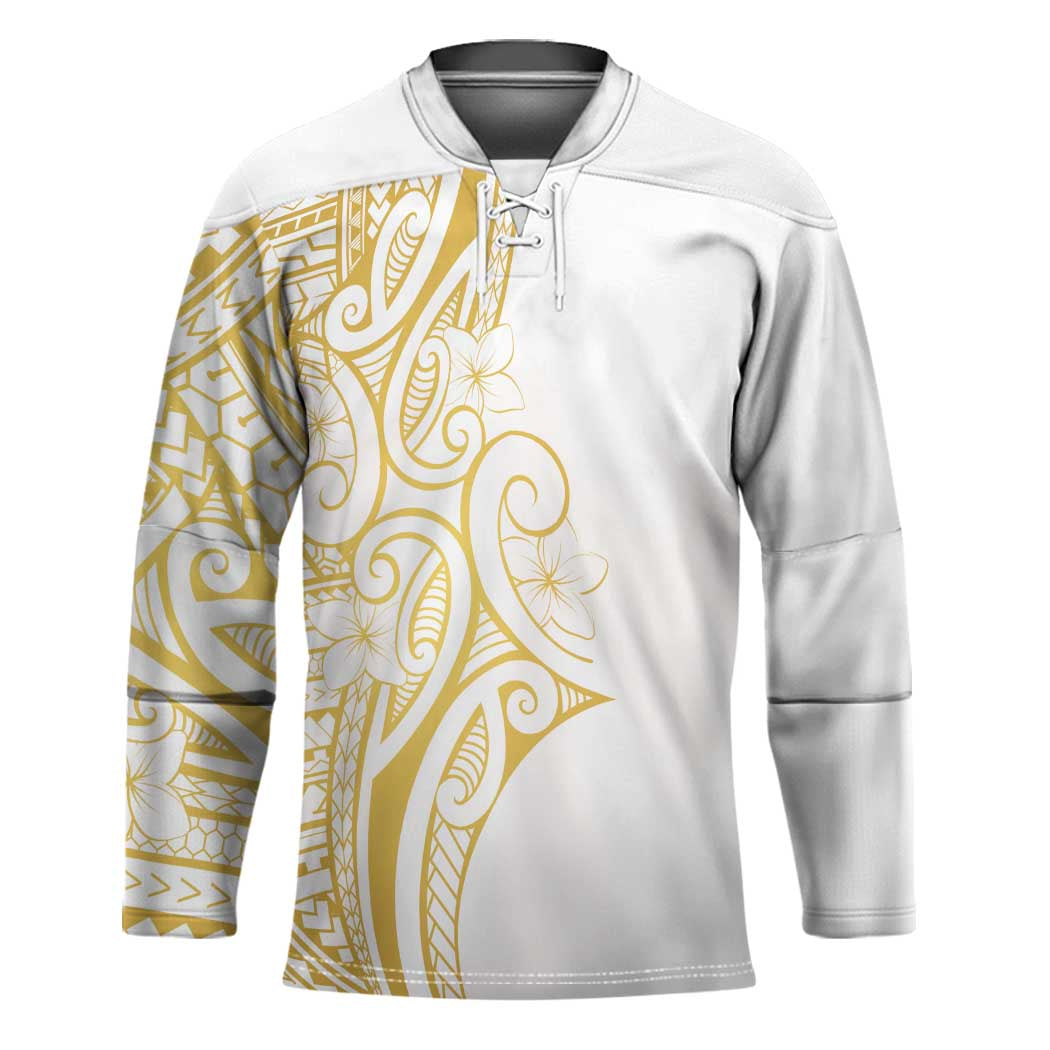 Polynesia White Sunday Hockey Jersey Plumeria Polynesian Tribal Gold Color - Polynesian Pride