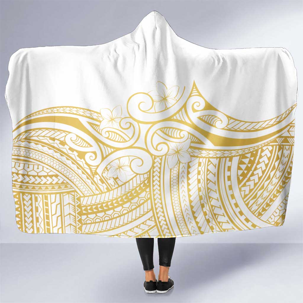 Polynesia White Sunday Hooded Blanket Plumeria Polynesian Tribal Gold Color - Polynesian Pride