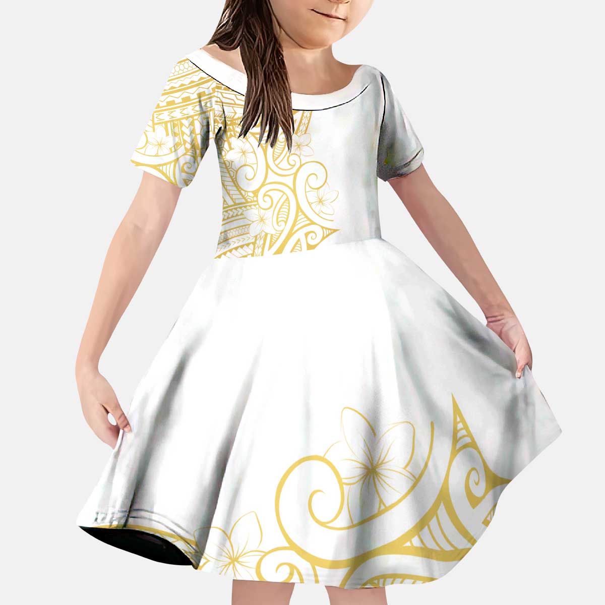 Polynesia White Sunday Kid Short Sleeve Dress Plumeria Polynesian Tribal Gold Color - Polynesian Pride