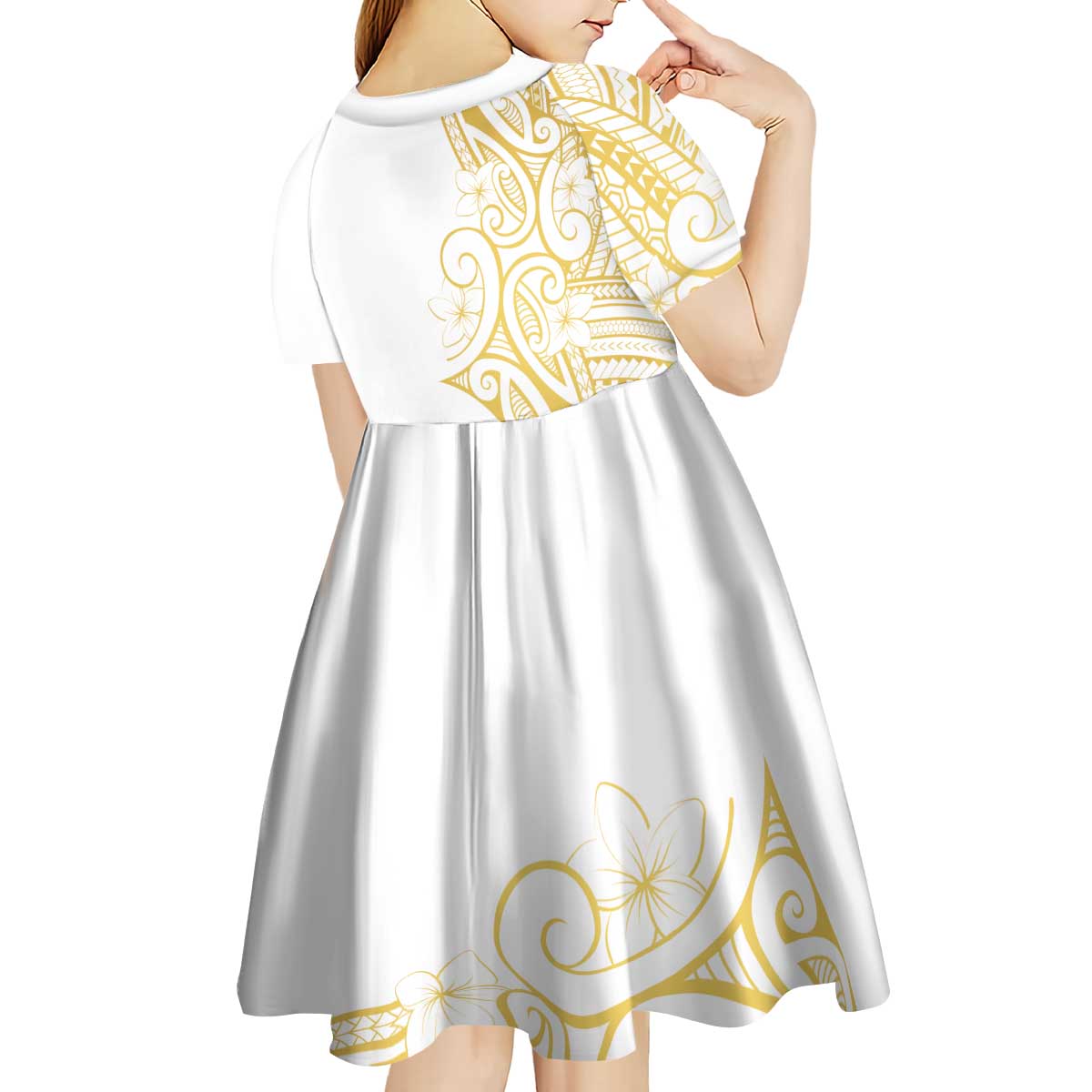 Polynesia White Sunday Kid Short Sleeve Dress Plumeria Polynesian Tribal Gold Color - Polynesian Pride