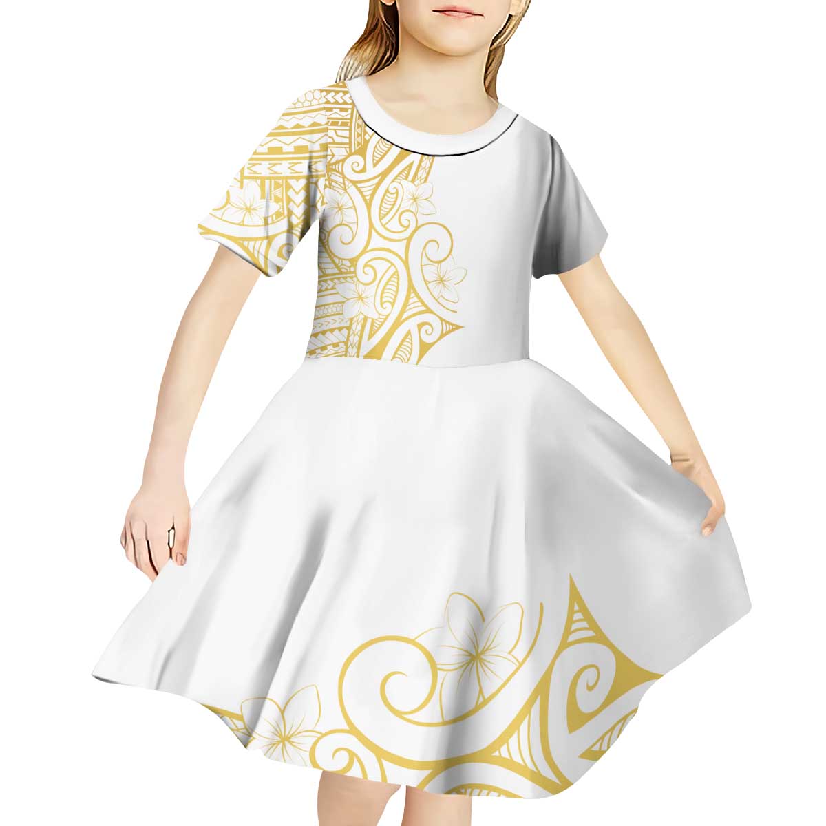Polynesia White Sunday Kid Short Sleeve Dress Plumeria Polynesian Tribal Gold Color - Polynesian Pride