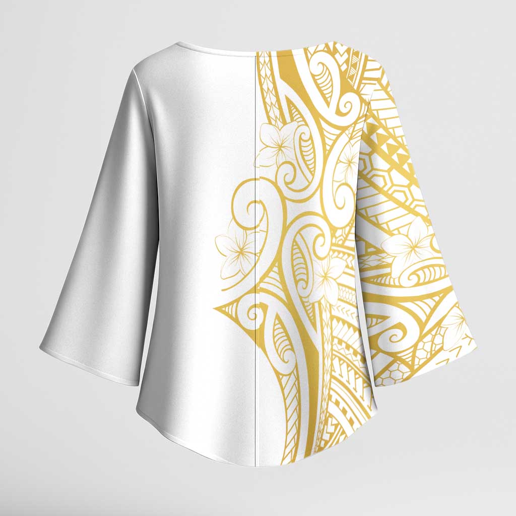 Polynesia White Sunday Kimono Sleeve Blouse Plumeria Polynesian Tribal Gold Color - Polynesian Pride
