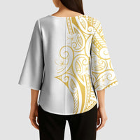 Polynesia White Sunday Kimono Sleeve Blouse Plumeria Polynesian Tribal Gold Color - Polynesian Pride