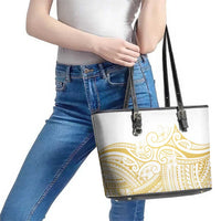 Polynesia White Sunday Leather Tote Bag Plumeria Polynesian Tribal Gold Color - Polynesian Pride