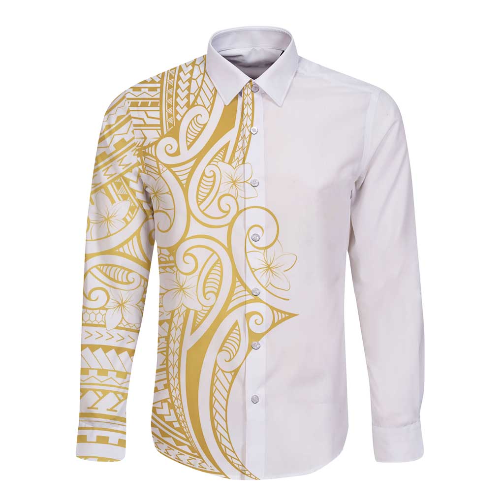 Polynesia White Sunday Long Sleeve Button Shirt Plumeria Polynesian Tribal Gold Color LT14 Unisex White - Polynesian Pride