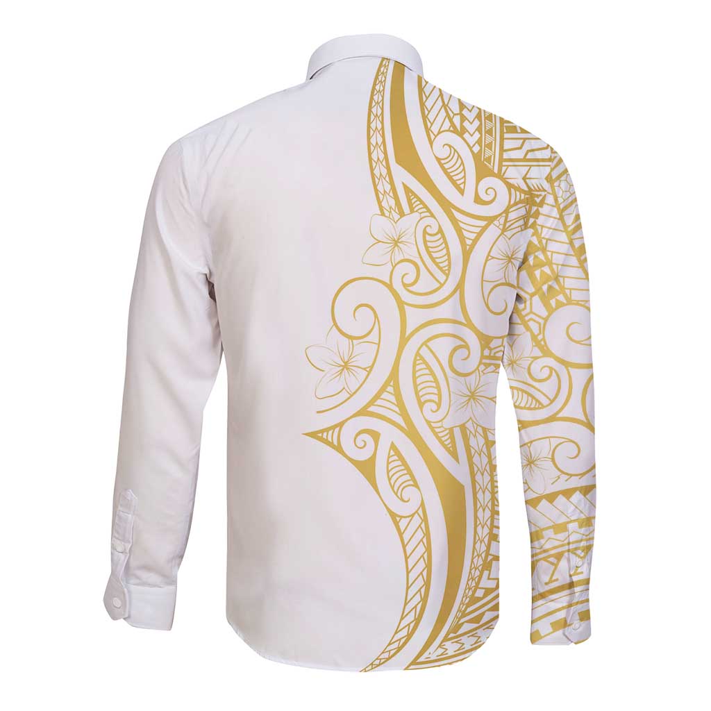 Polynesia White Sunday Long Sleeve Button Shirt Plumeria Polynesian Tribal Gold Color LT14 - Polynesian Pride