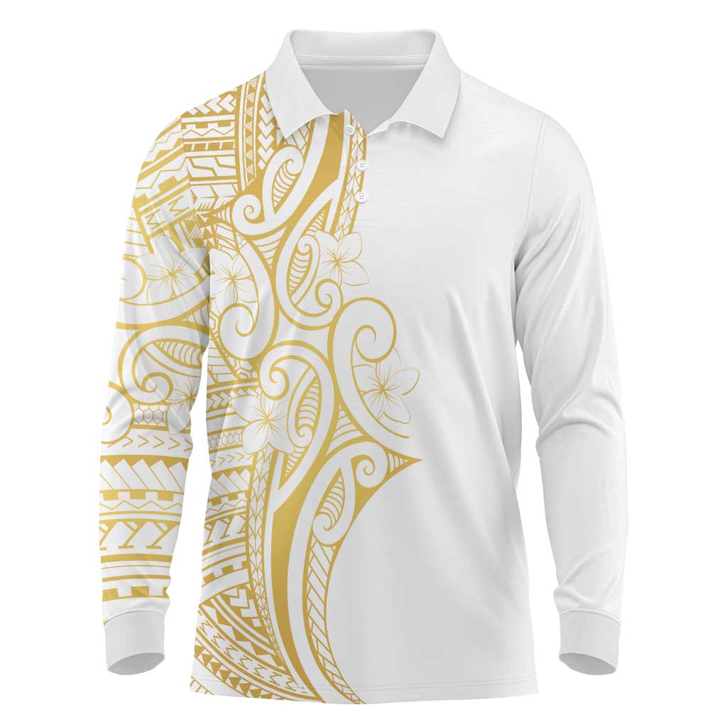 Polynesia White Sunday Long Sleeve Polo Shirt Plumeria Polynesian Tribal Gold Color LT14 White - Polynesian Pride