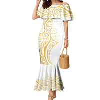 Polynesia White Sunday Mermaid Dress Plumeria Polynesian Tribal Gold Color - Polynesian Pride