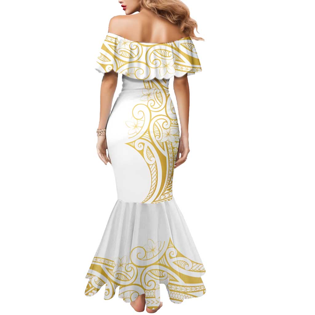 Polynesia White Sunday Mermaid Dress Plumeria Polynesian Tribal Gold Color - Polynesian Pride