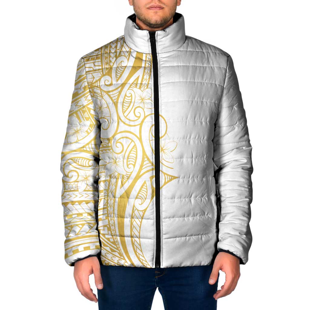 Polynesia White Sunday Padded Jacket Plumeria Polynesian Tribal Gold Color LT14 Men White - Polynesian Pride