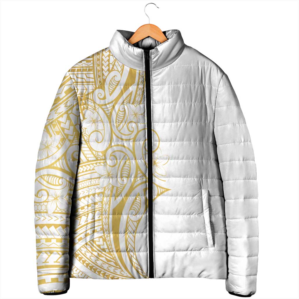 Polynesia White Sunday Padded Jacket Plumeria Polynesian Tribal Gold Color LT14 - Polynesian Pride