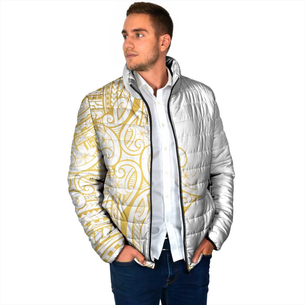 Polynesia White Sunday Padded Jacket Plumeria Polynesian Tribal Gold Color LT14 - Polynesian Pride