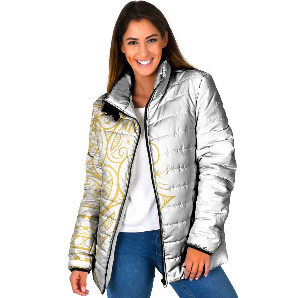 Polynesia White Sunday Padded Jacket Plumeria Polynesian Tribal Gold Color LT14 Women White - Polynesian Pride
