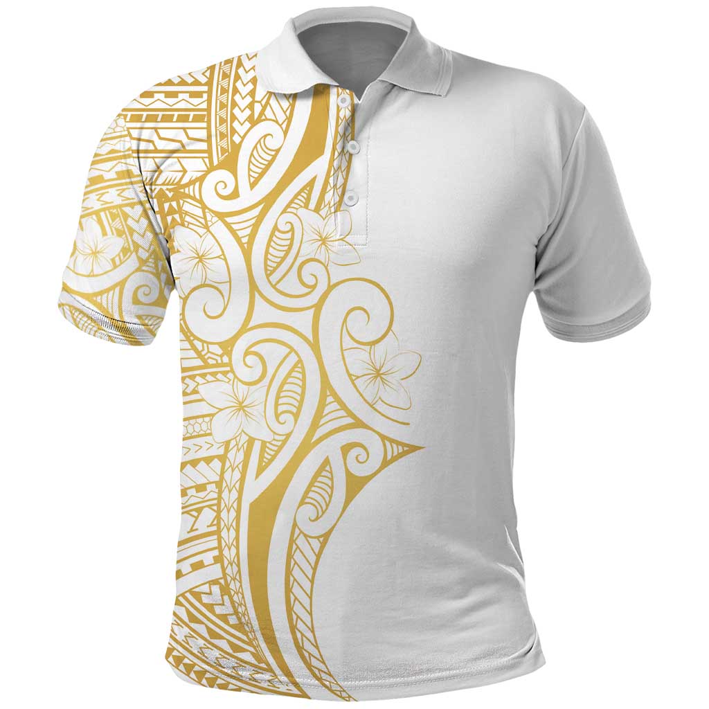 Polynesia White Sunday Polo Shirt Plumeria Polynesian Tribal Gold Color - Polynesian Pride