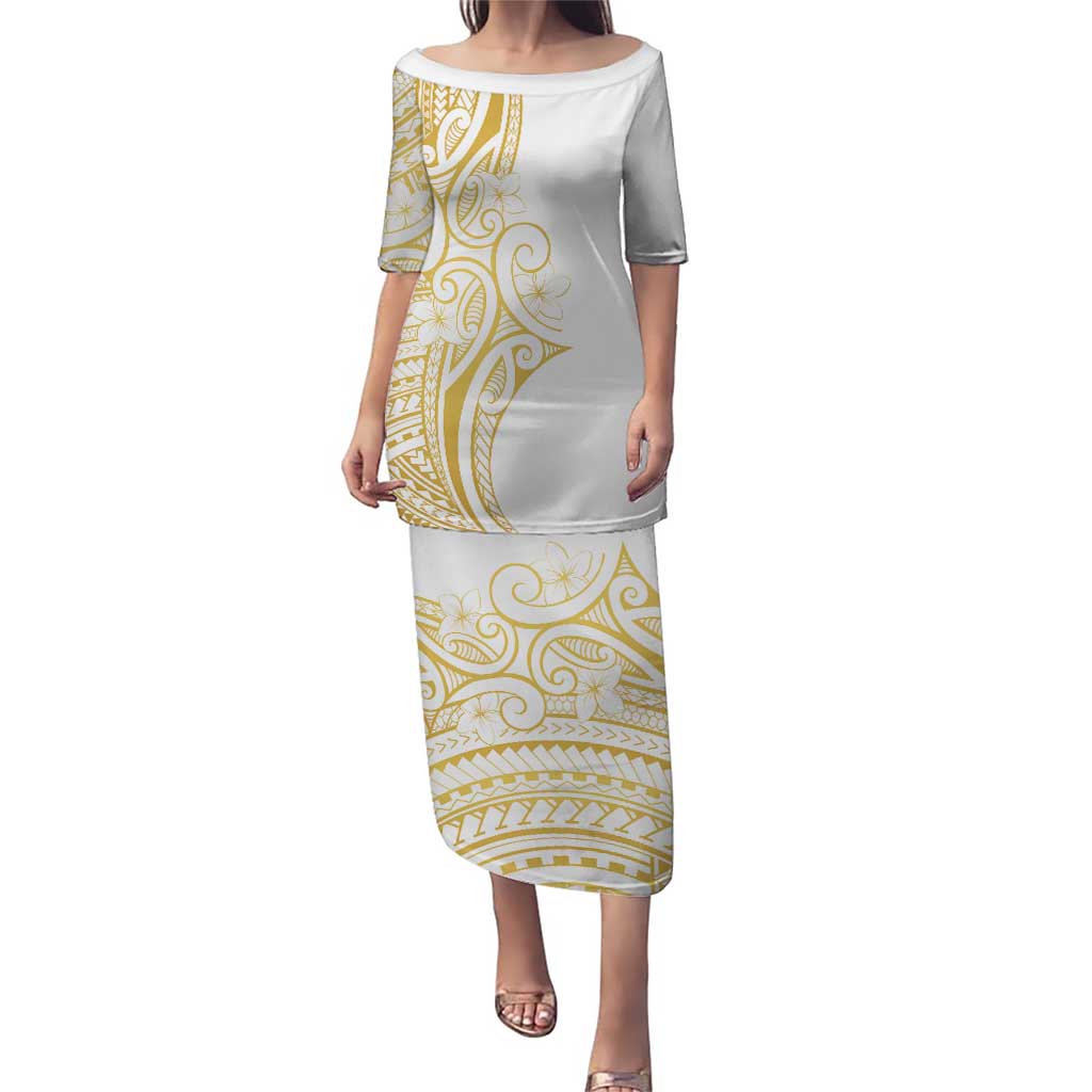 Polynesia White Sunday Puletasi Plumeria Polynesian Tribal Gold Color - Polynesian Pride