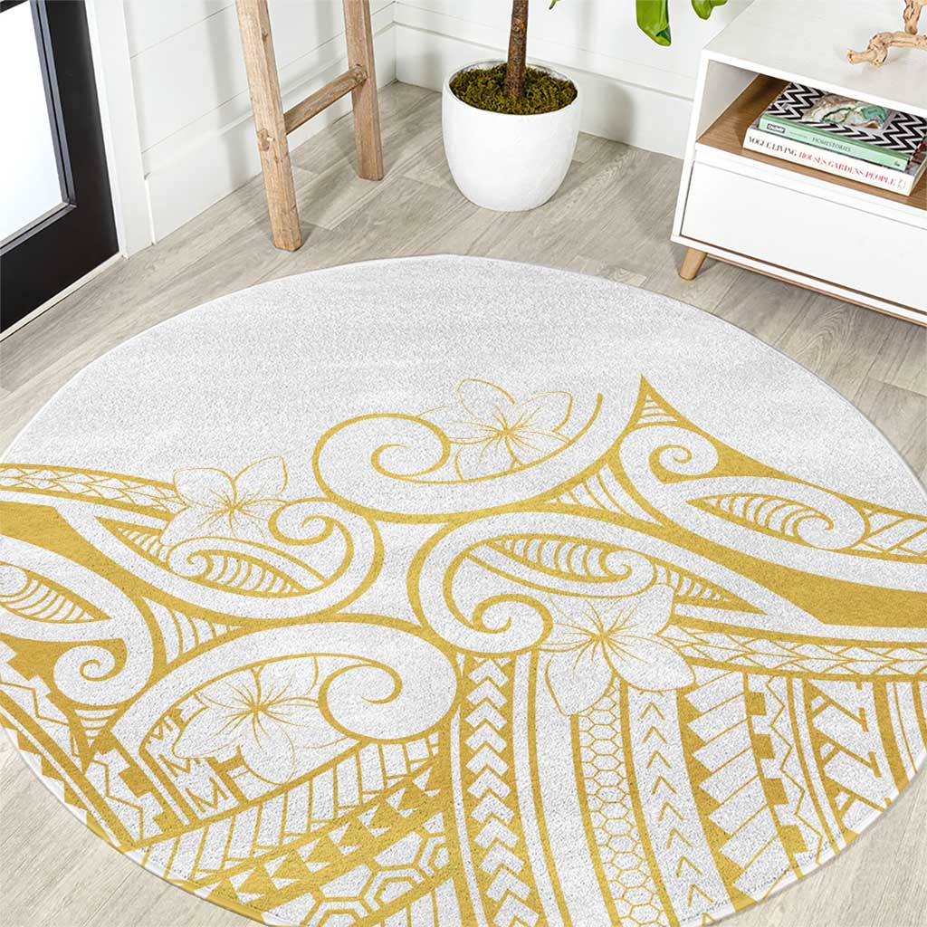 Polynesia White Sunday Round Carpet Plumeria Polynesian Tribal Gold Color - Polynesian Pride
