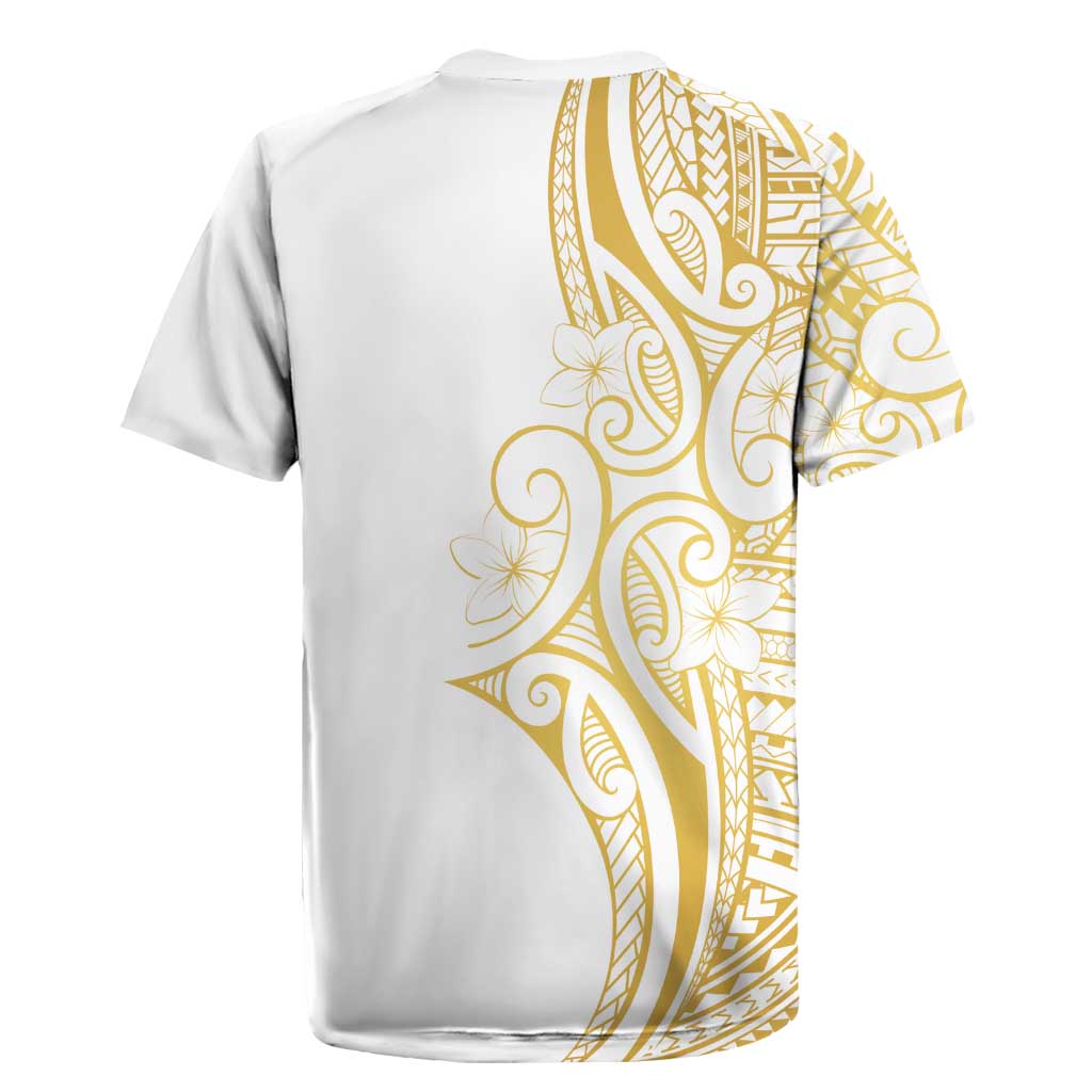 Polynesia White Sunday Rugby Jersey Plumeria Polynesian Tribal Gold Color LT14 - Polynesian Pride