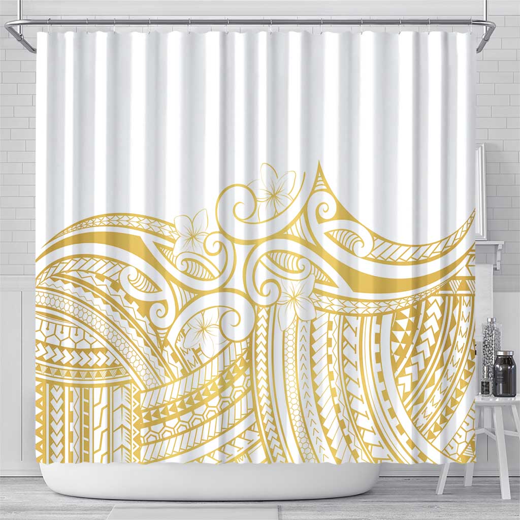 Polynesia White Sunday Shower Curtain Plumeria Polynesian Tribal Gold Color - Polynesian Pride