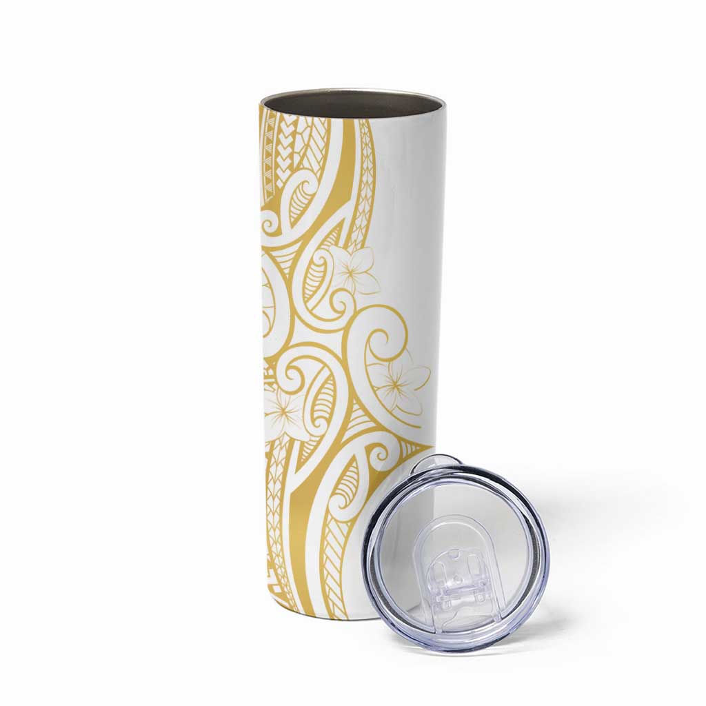 Polynesia White Sunday Skinny Tumbler Plumeria Polynesian Tribal Gold Color - Polynesian Pride