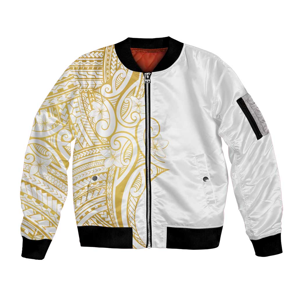 Polynesia White Sunday Sleeve Zip Bomber Jacket Plumeria Polynesian Tribal Gold Color - Polynesian Pride