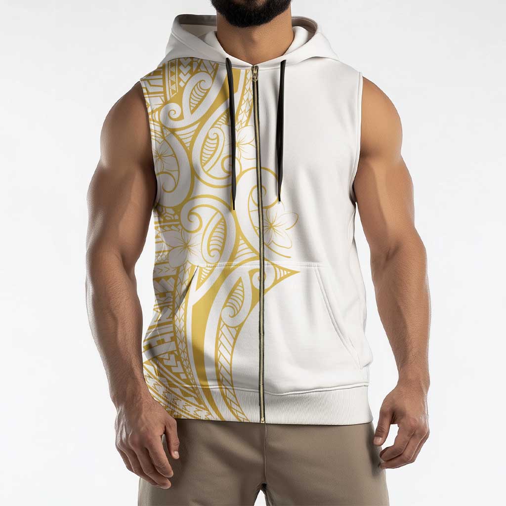 Polynesia White Sunday Sleeveless Zip Hoodie Plumeria Polynesian Tribal Gold Color - Polynesian Pride