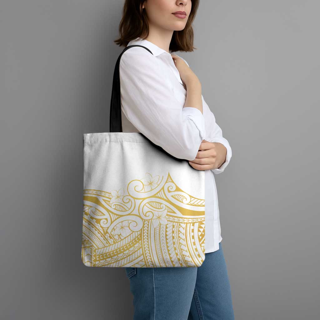 Polynesia White Sunday Tote Bag Plumeria Polynesian Tribal Gold Color - Polynesian Pride