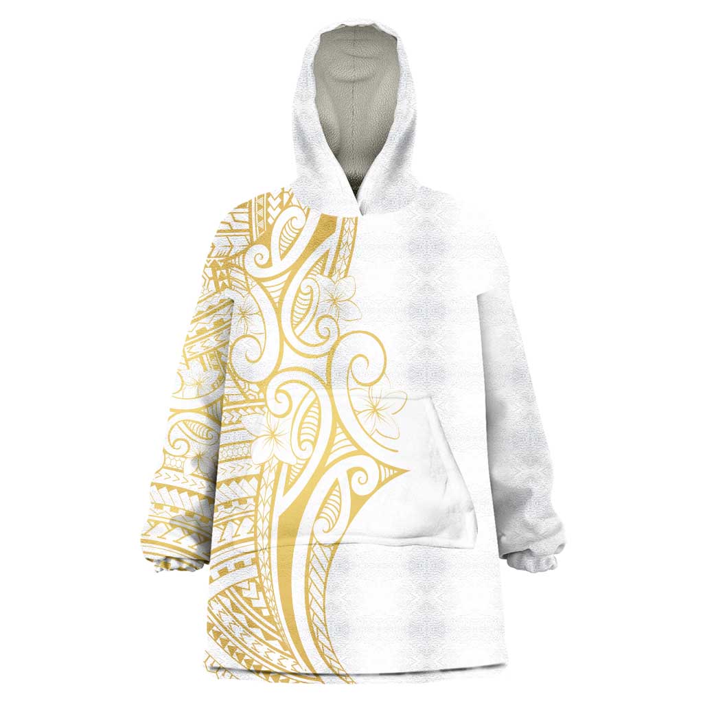 Polynesia White Sunday Wearable Blanket Hoodie Plumeria Polynesian Tribal Gold Color LT14 One Size White - Polynesian Pride