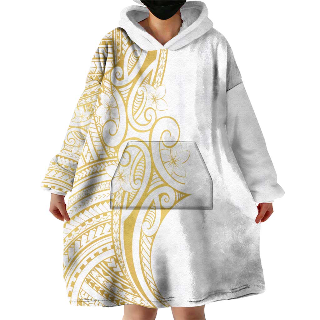 Polynesia White Sunday Wearable Blanket Hoodie Plumeria Polynesian Tribal Gold Color LT14 - Polynesian Pride