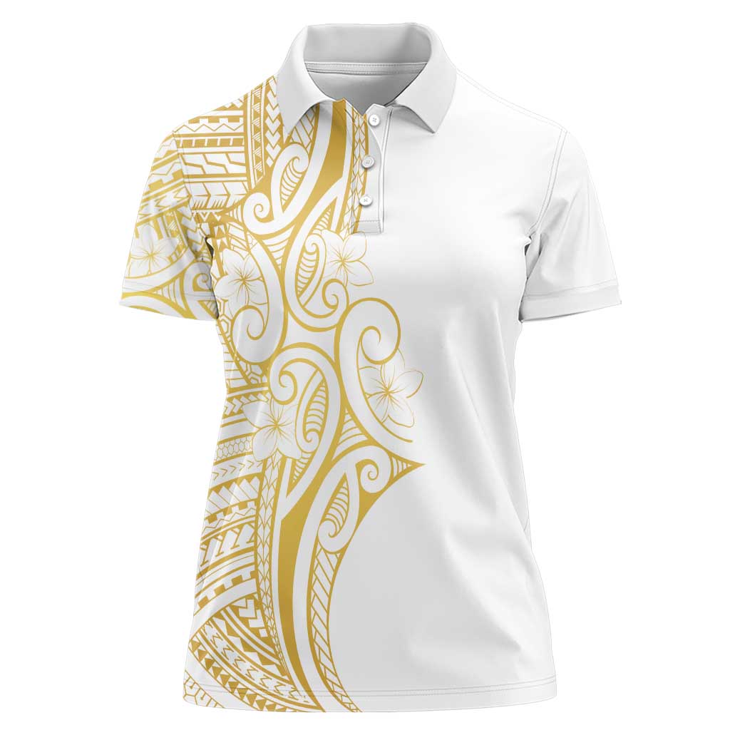 Polynesia White Sunday Women Polo Shirt Plumeria Polynesian Tribal Gold Color - Polynesian Pride