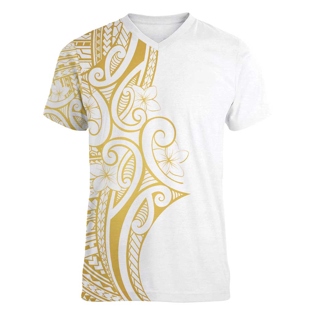 Polynesia White Sunday Women V-Neck T-Shirt Plumeria Polynesian Tribal Gold Color - Polynesian Pride