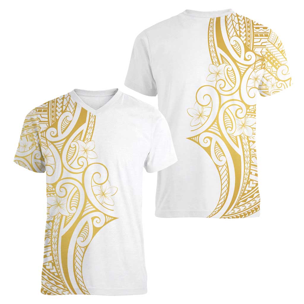 Polynesia White Sunday Women V-Neck T-Shirt Plumeria Polynesian Tribal Gold Color - Polynesian Pride