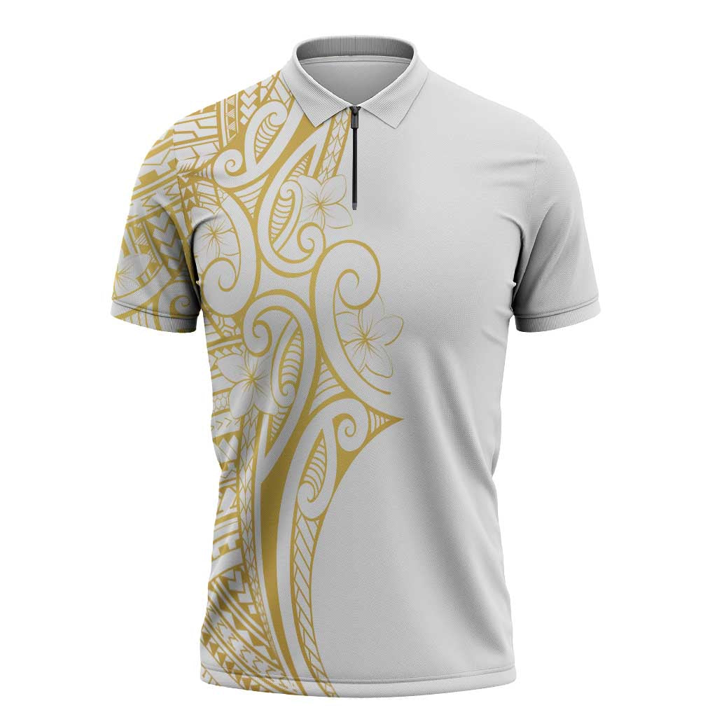 Polynesia White Sunday Zipper Polo Shirt Plumeria Polynesian Tribal Gold Color LT14 White - Polynesian Pride