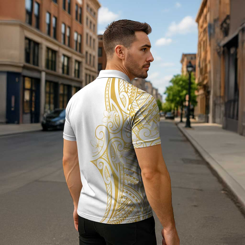 Polynesia White Sunday Zipper Polo Shirt Plumeria Polynesian Tribal Gold Color LT14 - Polynesian Pride
