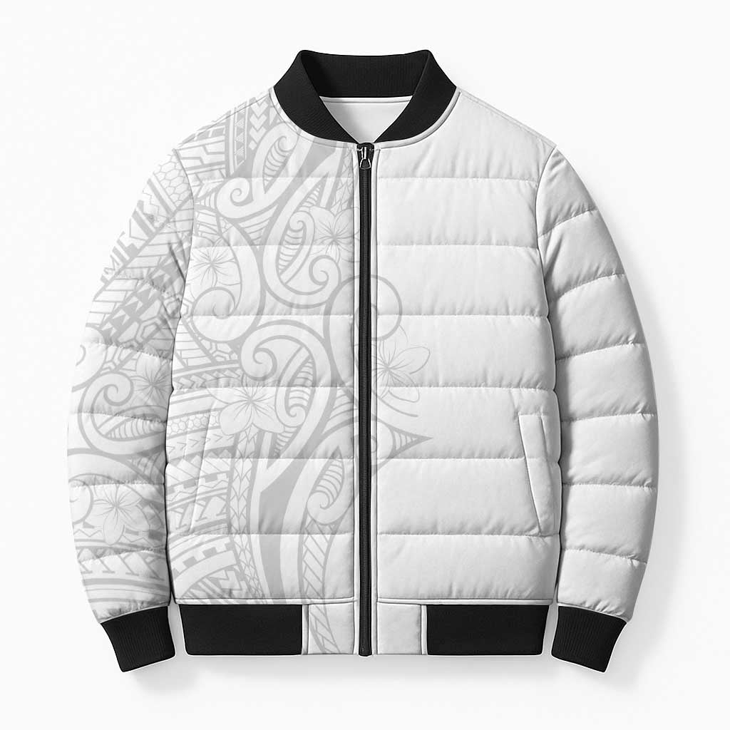 Polynesia White Sunday Bomber Puffer Jacket Plumeria Polynesian Tribal Grey Color LT14 Unisex White - Polynesian Pride