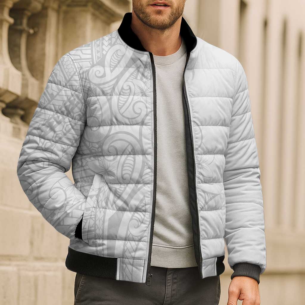 Polynesia White Sunday Bomber Puffer Jacket Plumeria Polynesian Tribal Grey Color LT14 - Polynesian Pride