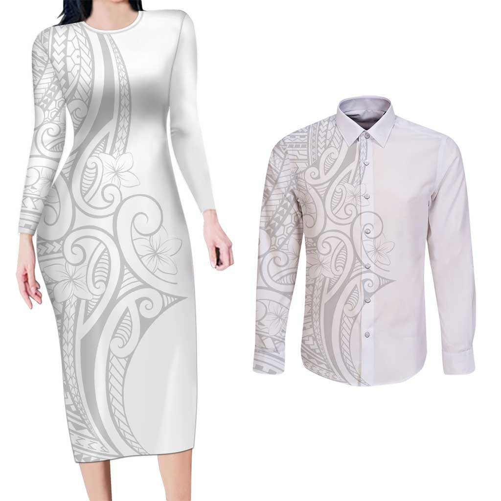 Polynesia White Sunday Couples Matching Long Sleeve Bodycon Dress and Long Sleeve Button Shirt Plumeria Polynesian Tribal Grey Color LT14 White - Polynesian Pride