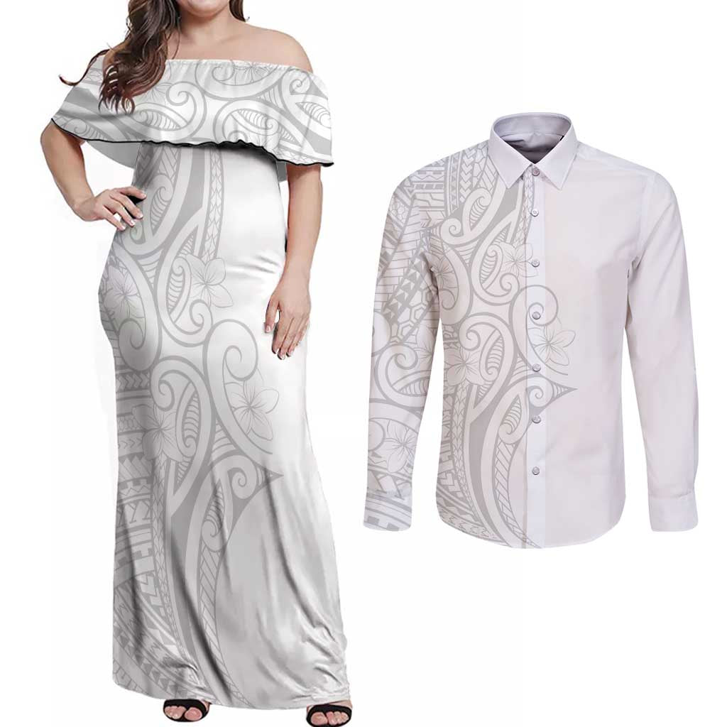 Polynesia White Sunday Couples Matching Off Shoulder Maxi Dress and Long Sleeve Button Shirt Plumeria Polynesian Tribal Grey Color LT14 White - Polynesian Pride