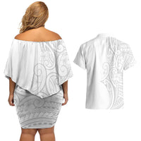 Polynesia White Sunday Couples Matching Off Shoulder Short Dress and Hawaiian Shirt Plumeria Polynesian Tribal Grey Color - Polynesian Pride