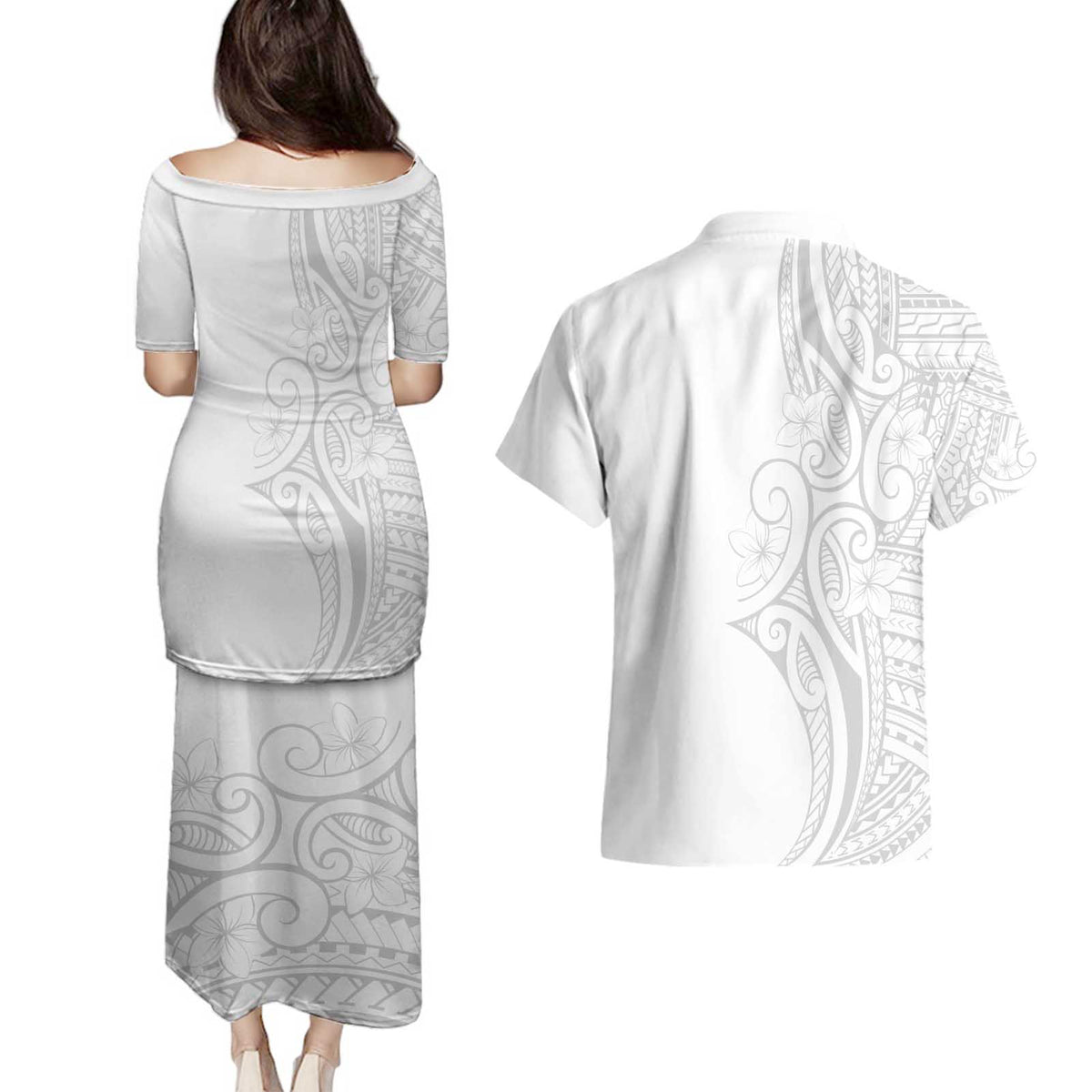 Polynesia White Sunday Couples Matching Puletasi and Hawaiian Shirt Plumeria Polynesian Tribal Grey Color LT14 - Polynesian Pride