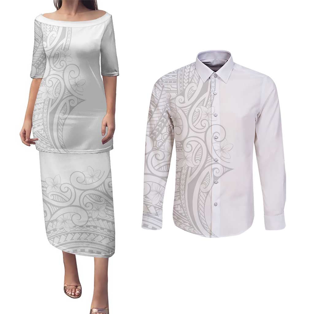 Polynesia White Sunday Couples Matching Puletasi and Long Sleeve Button Shirt Plumeria Polynesian Tribal Grey Color LT14 White - Polynesian Pride