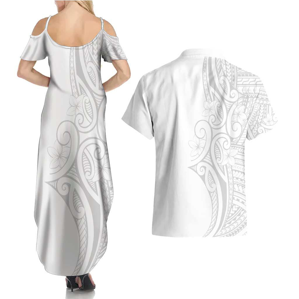 Polynesia White Sunday Couples Matching Summer Maxi Dress and Hawaiian Shirt Plumeria Polynesian Tribal Grey Color - Polynesian Pride