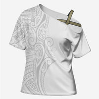 Polynesia White Sunday Cross Shoulder Shirt Plumeria Polynesian Tribal Grey Color LT14 Female White - Polynesian Pride