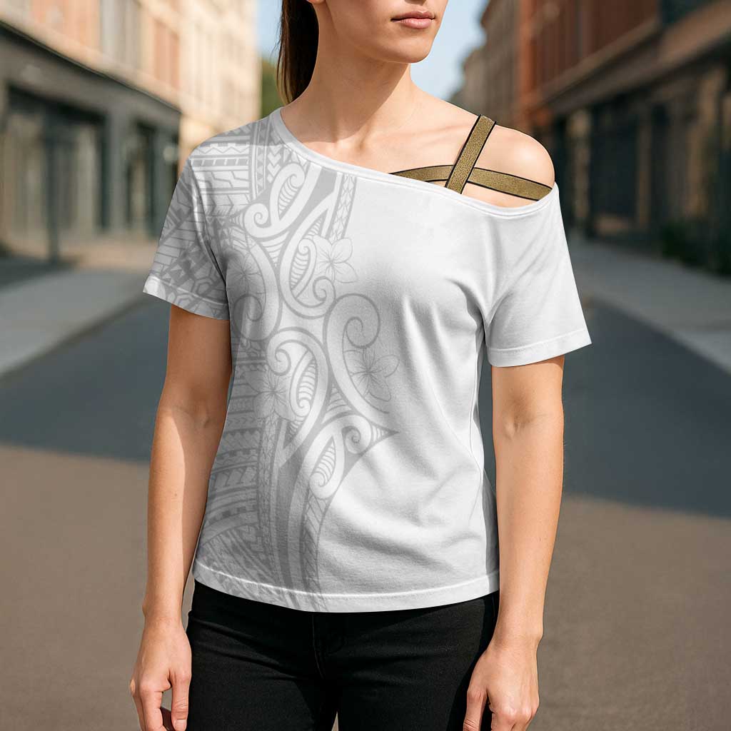 Polynesia White Sunday Cross Shoulder Shirt Plumeria Polynesian Tribal Grey Color LT14 - Polynesian Pride