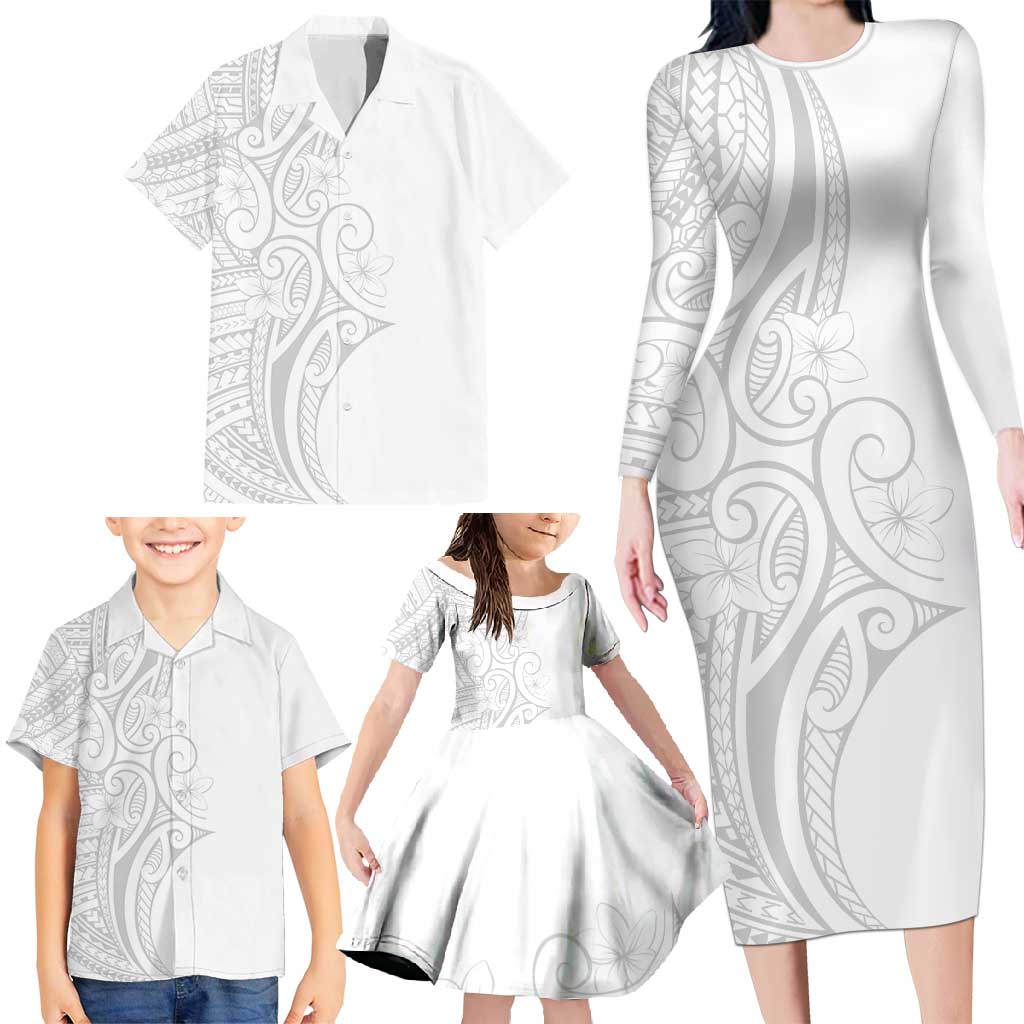 Polynesia White Sunday Family Matching Long Sleeve Bodycon Dress and Hawaiian Shirt Plumeria Polynesian Tribal Grey Color - Polynesian Pride
