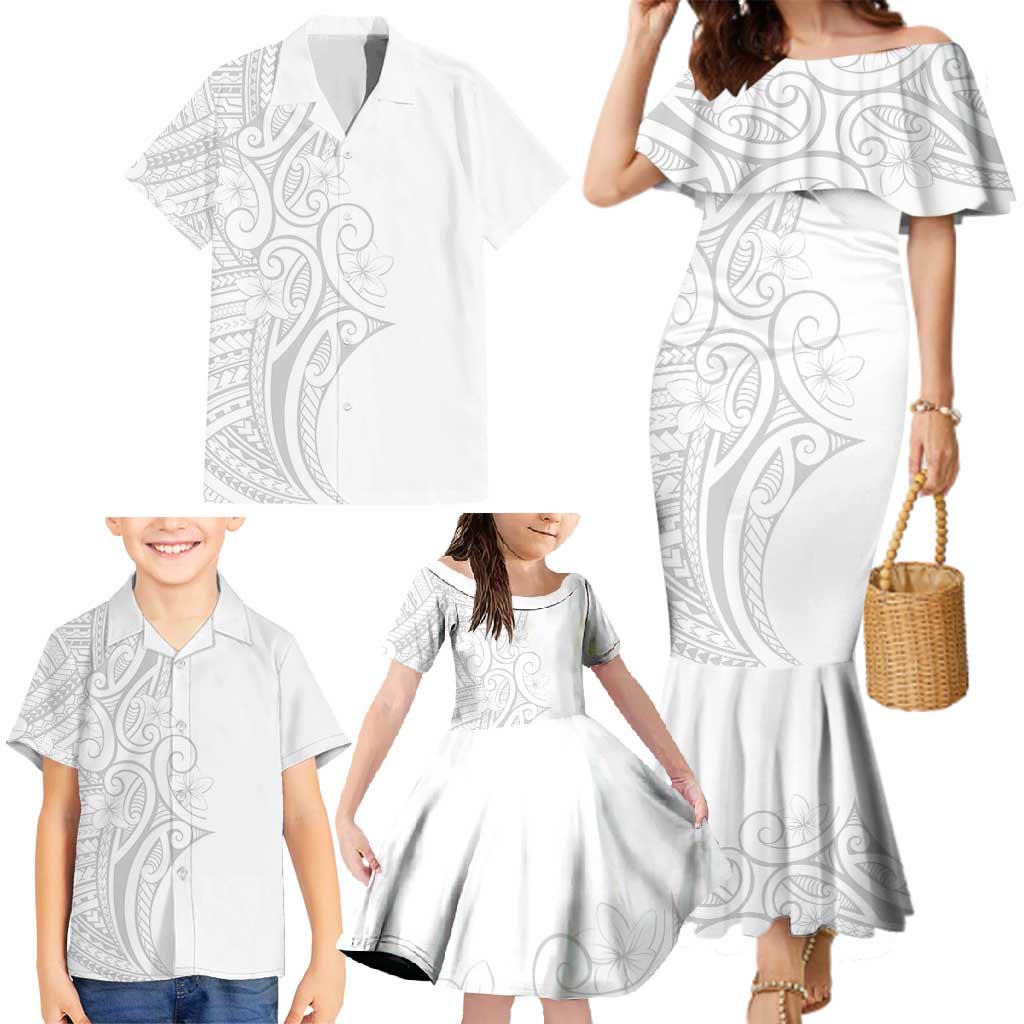 Polynesia White Sunday Family Matching Mermaid Dress and Hawaiian Shirt Plumeria Polynesian Tribal Grey Color - Polynesian Pride