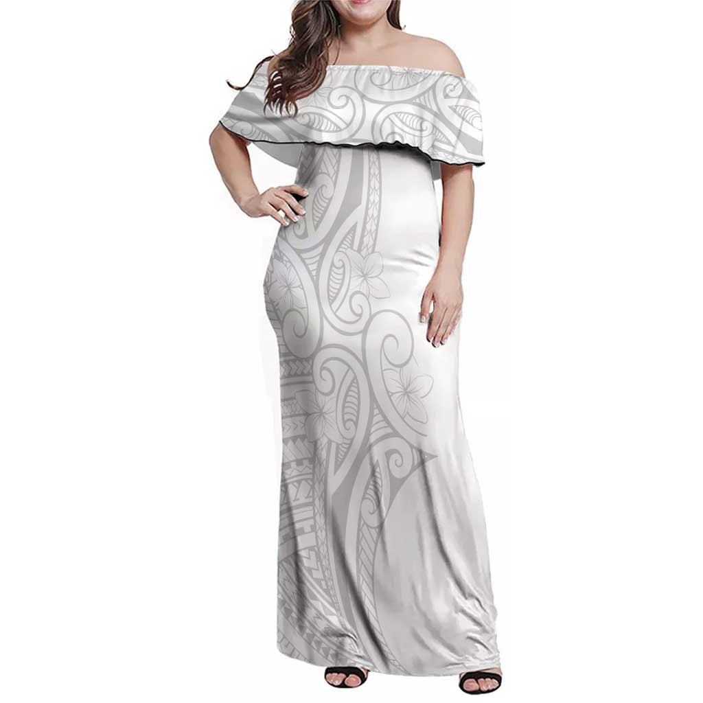 Polynesia White Sunday Family Matching Off Shoulder Maxi Dress and Hawaiian Shirt Plumeria Polynesian Tribal Grey Color - Polynesian Pride