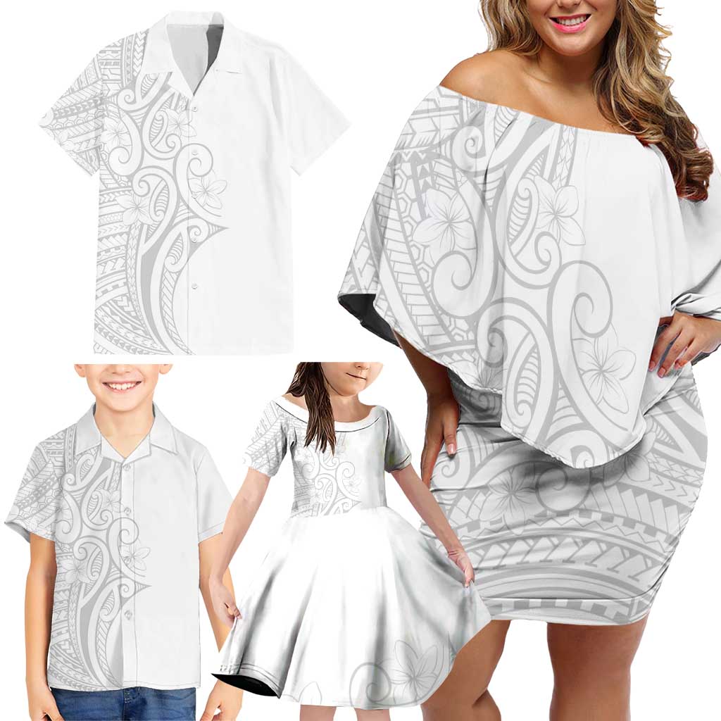 Polynesia White Sunday Family Matching Off Shoulder Short Dress and Hawaiian Shirt Plumeria Polynesian Tribal Grey Color - Polynesian Pride