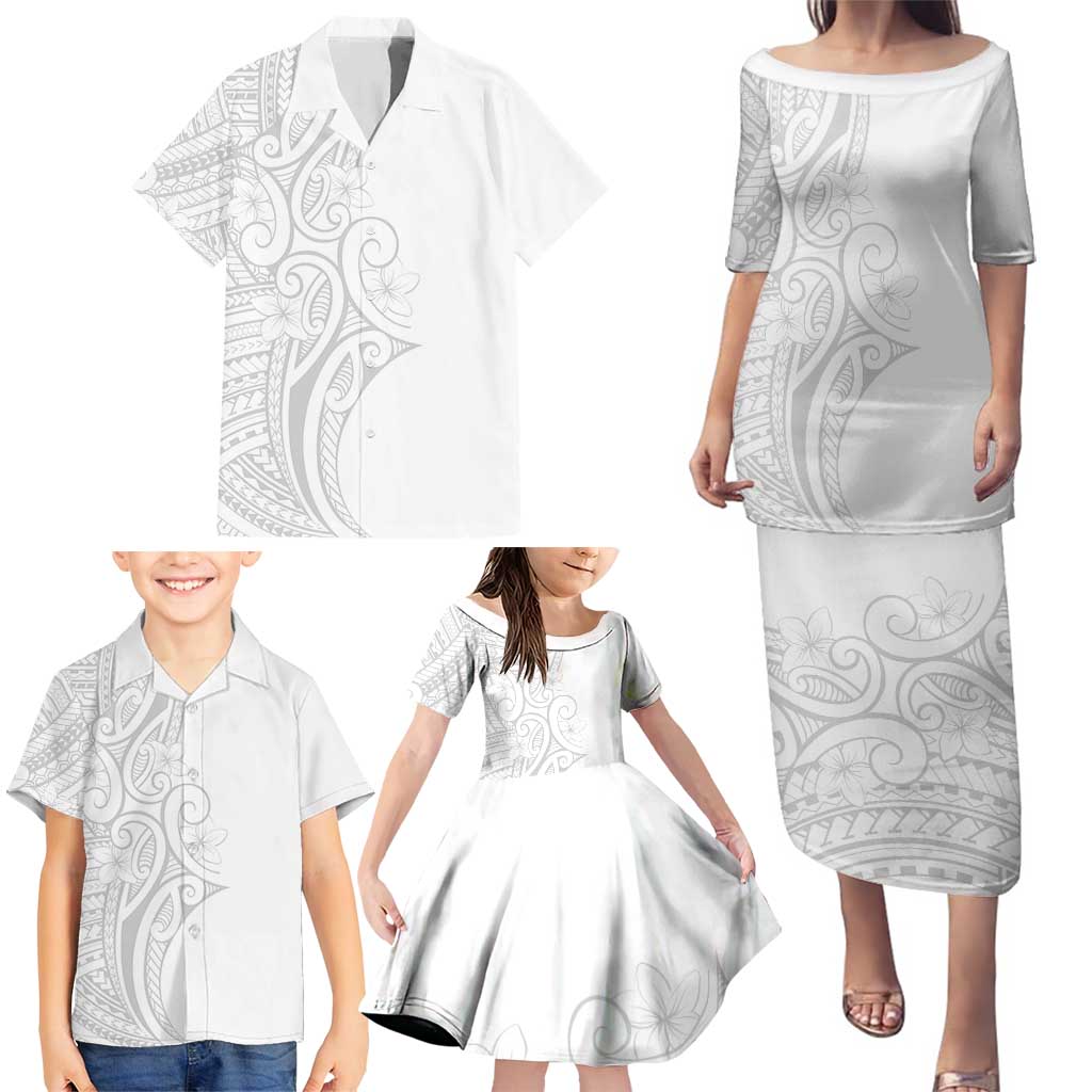 Polynesia White Sunday Family Matching Puletasi and Hawaiian Shirt Plumeria Polynesian Tribal Grey Color LT14 - Polynesian Pride